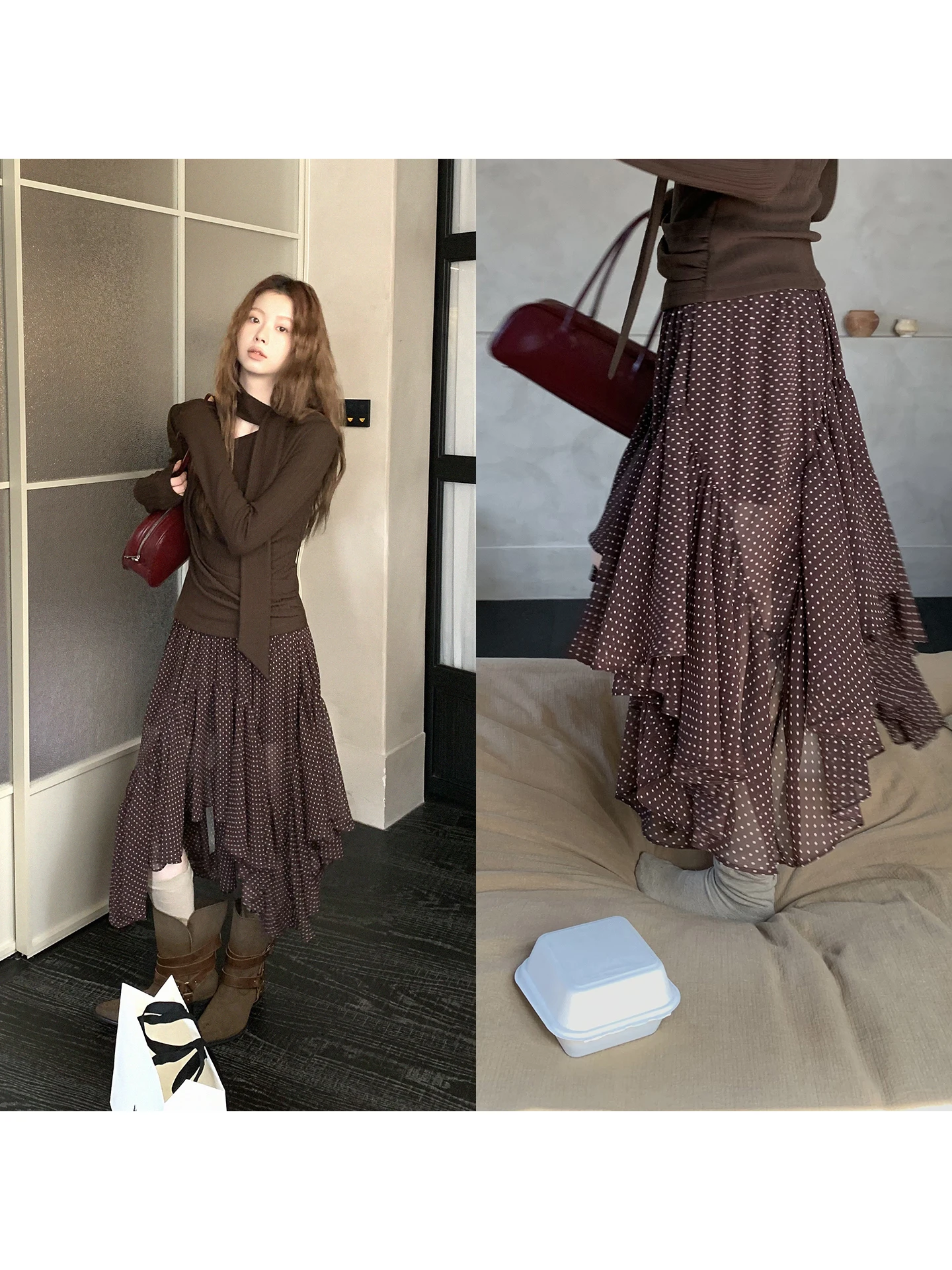 

Потрясающая юбка трапециевидной формы, женская осенне-зимняя асимметричная юбка в горошек, красивые повседневные юбки с низкой талией из полиэфирного волокна