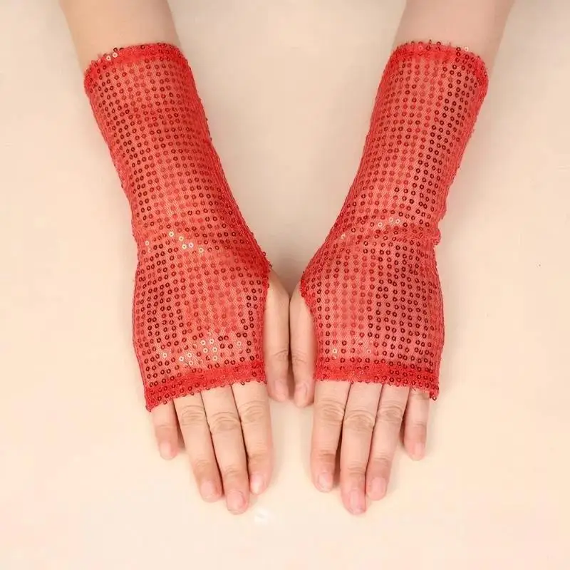 1Pair Fashion Gothic Shiny Sequins Gloves Punk Black Gold Red Club Dancing Gloves For Women Men