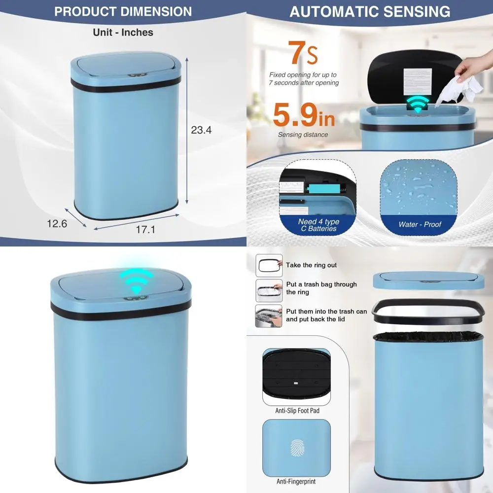 

13 Gallon Blue Stainless Steel Trash Bin with Automatic Touchless Lid and Motion Sensor for Kitchen, Home, and Office Use