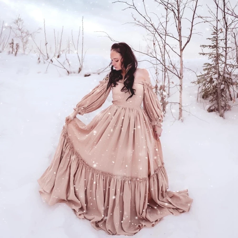 Boho Maternity Photography Dress Off-Shoulder Slit Gown Pregnancy Photo Shoot Props Studio Posing Clothes