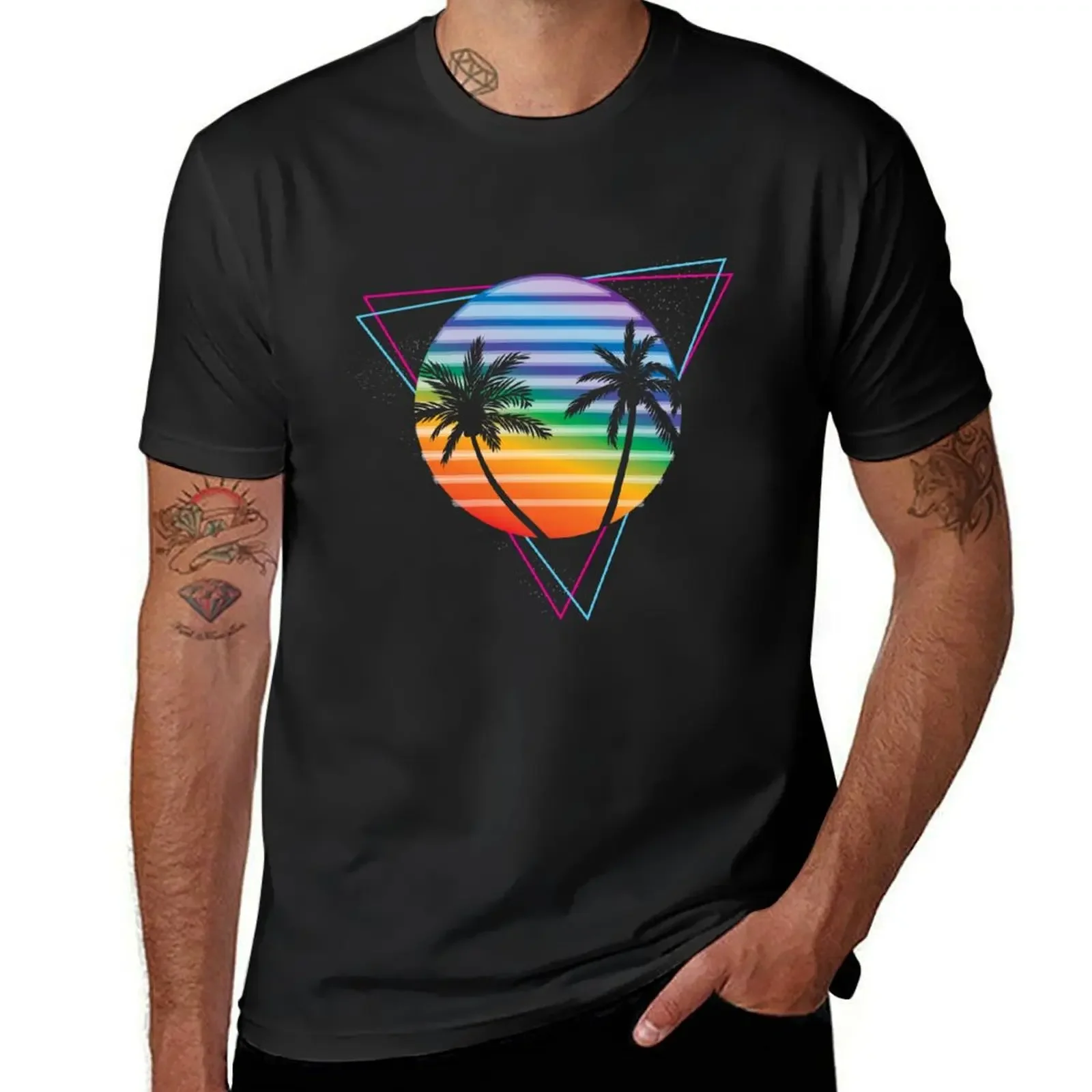 

Retrowave Rainbow Sunset T-Shirt custom shirt anime T-shirts for men cotton