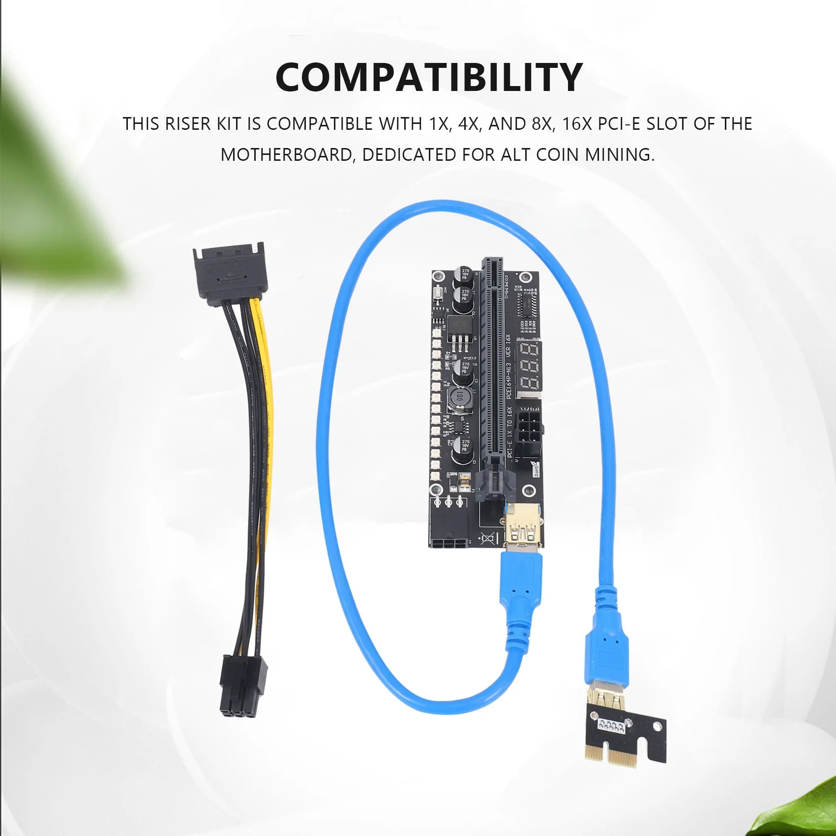 1 peça placa de extensão gráfica pcie riser 1x a 16x com display de medidor digital 3.3v e 3528 led colorido para mineração btc