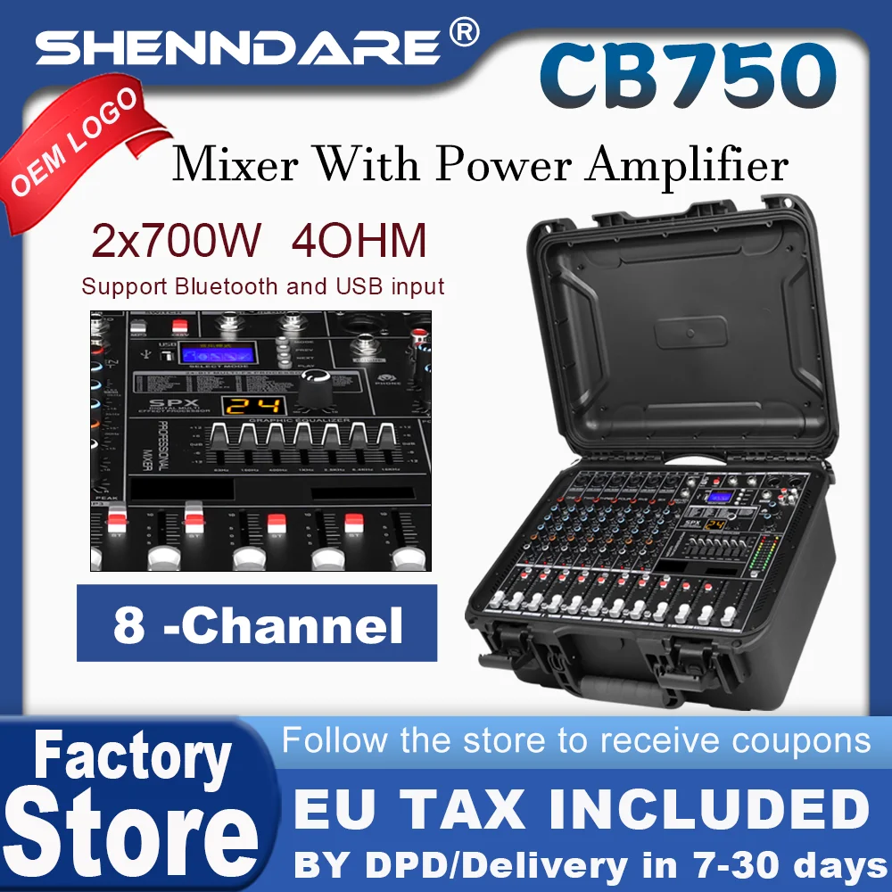 

SenMicre CB750 Professional Mixing Console with Power Amplifier 2x750W 4OHM 8 Channel DJ Audio Mixer Wth Preamplifier 7-Band EQ