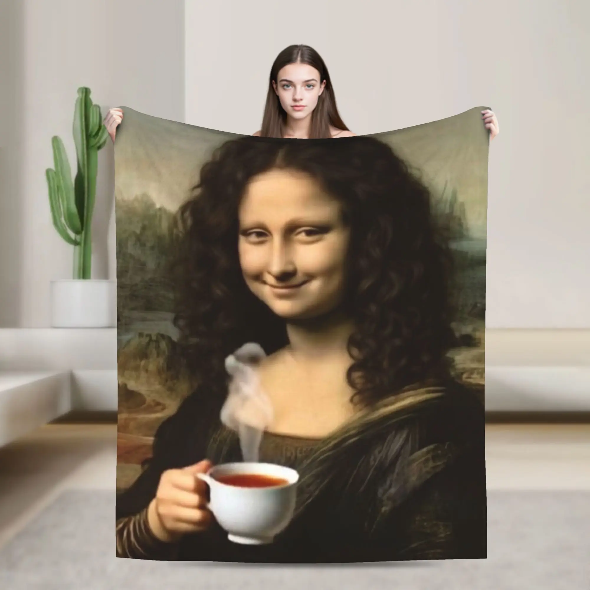 Funny Tea Time Mona Lisa Blanket Quality Comfortable  Throw Blanket Autumn Picnic Chair Sofa Bed Casual Bedspread