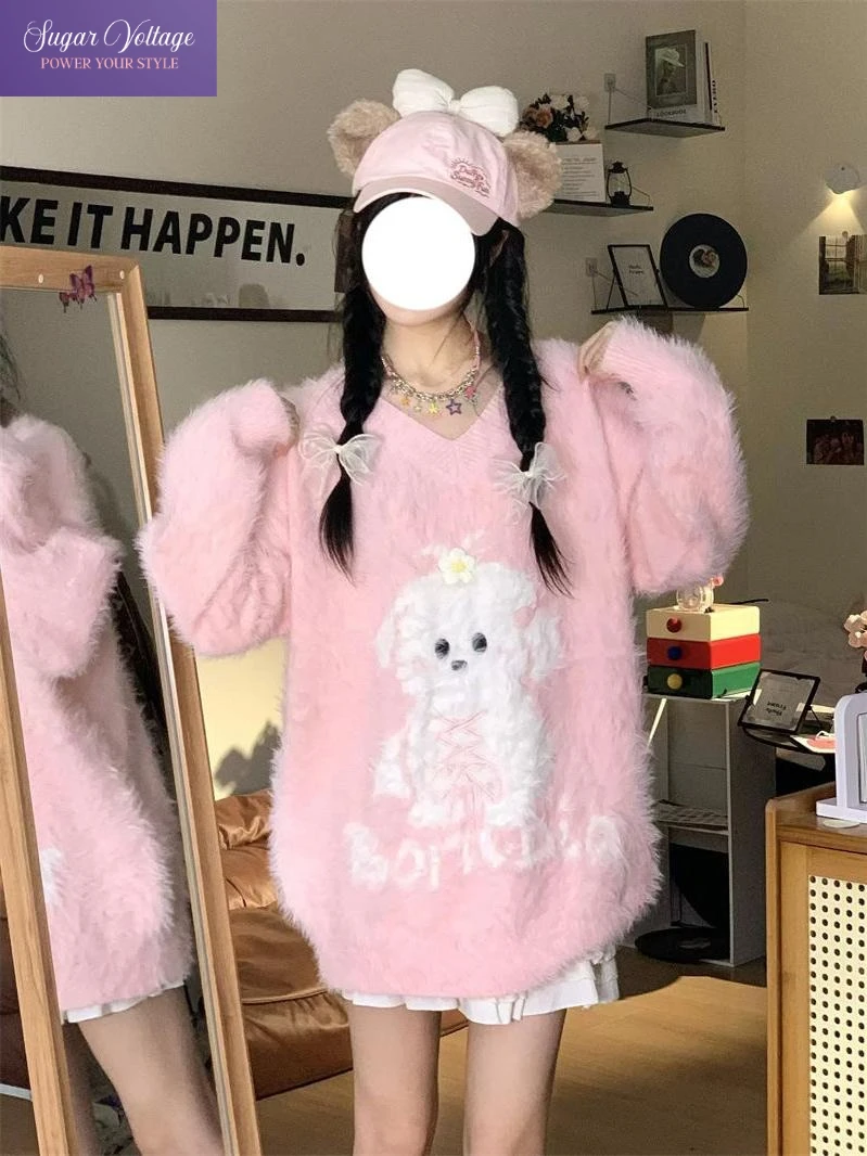 

Sweet Cute Style Fuzzy Knit Sweater Women Kawaii Pink Bow Tie Halter Pullover V Neck Long Sleeve Dog Embroidery Winter Warm Top