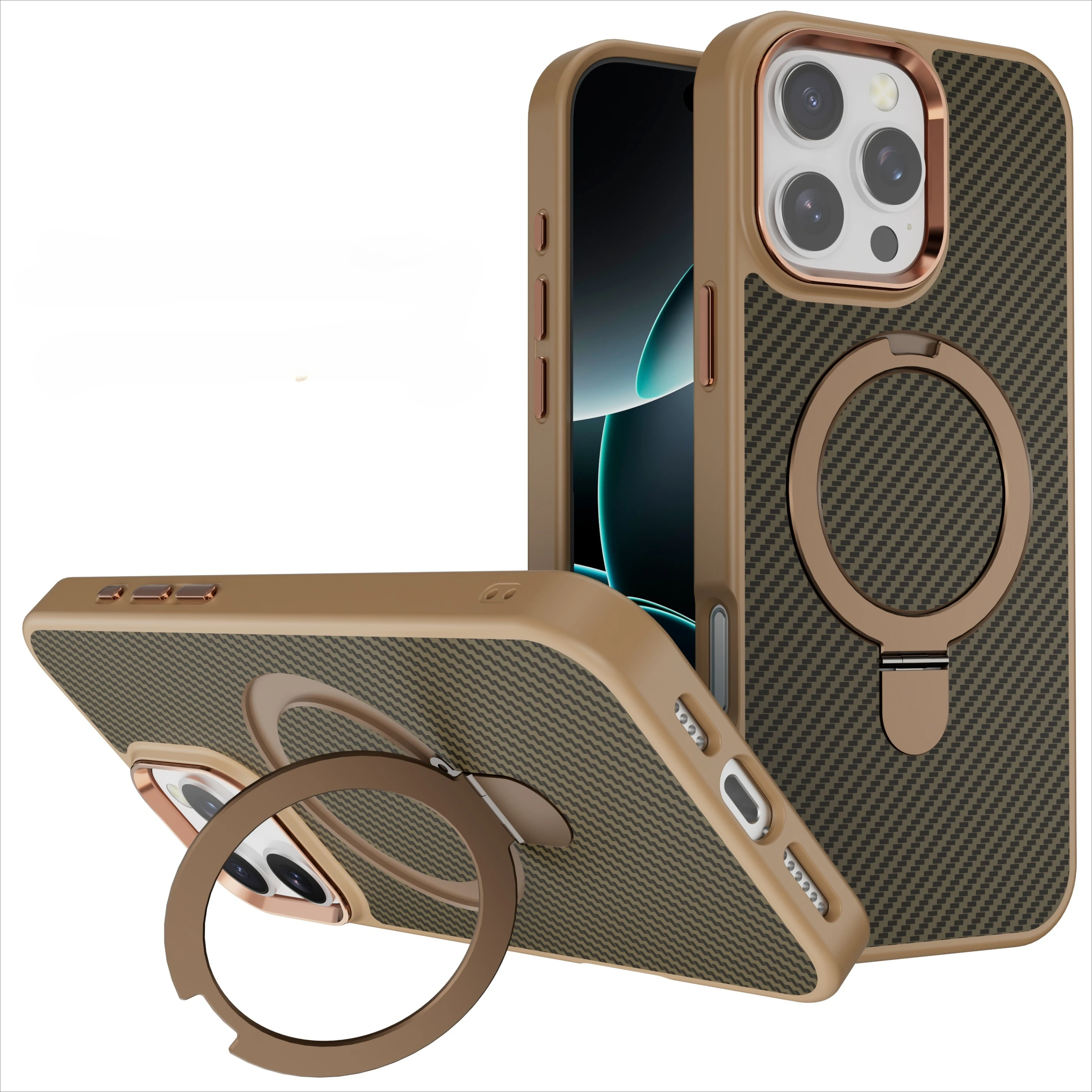 

for iPhone 11 12 13 14 15 16 Pro Max Plus Phone Case Magnetic Metal Stand Kevlar Pattern Carbon Fiber Anti Drop Slim Cover
