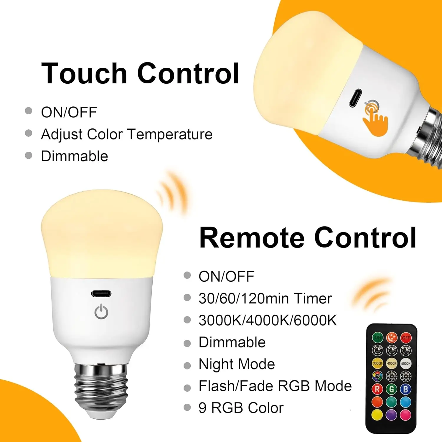Usb rechargeable Light Bulb with Remote Control Dim & RGB, Timer,Backup Emergency Light for Home or Outdoor