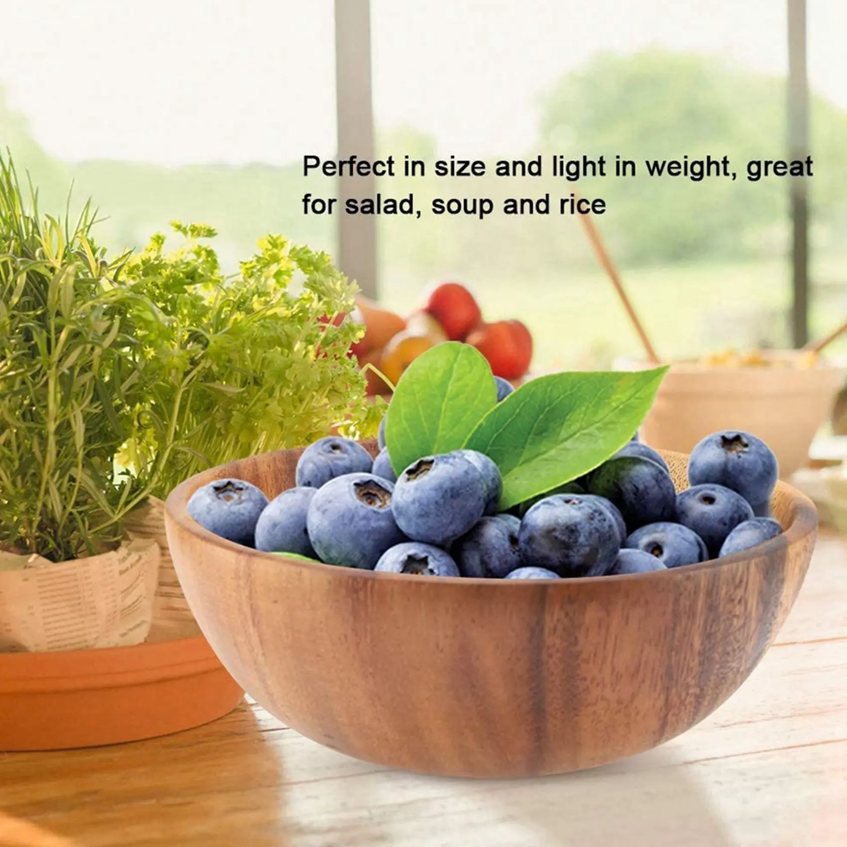 

B62B-2X Natural Hand-Made Wooden Salad Bowl Classic Large Round Salad Soup Dining Bowl Plates Wood Kitchen Utensils