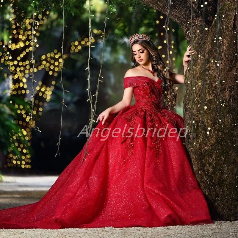 Angelsbridep Customized Glitter Red Ball Gown Quinnceanera Dress Elegant Womens Sweet 16 Party Dresses Shiny Appliques Sequined