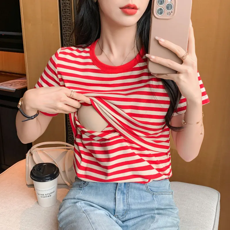 Maternity Breastfeeding Top Striped Cotton Nursing Tops T Shirt for Pregnant Women Summer Tees Short Sleeve Pregnancy T-shirt