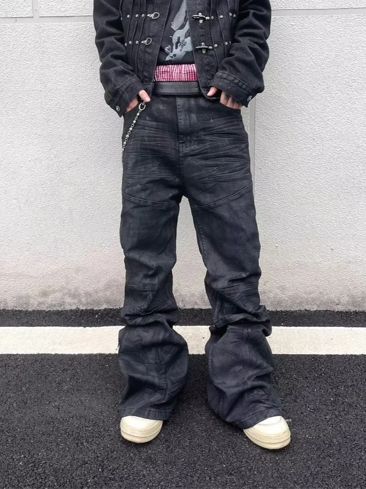 2026 American Retro Y2K Streetwear Black Baggy Pleated Flared Jeans Pants For Men Clothing Gothic New Rock Cotton Long Trousers
