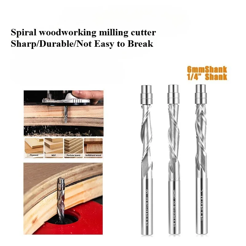 Spiral Edge Trimming Knife 1/4 Handle Integral Alloy Double Spiral Cutting Tool Tungsten Steel Woodworking Milling Cutter
