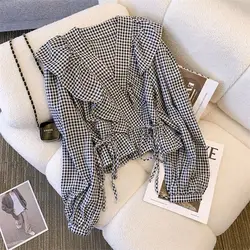 Korean Version Retro Ruffle Edge V-neck Long Sleeves Shirt for Women's Spring Autumn Drawstring Checkered Sweet Chic Small Top