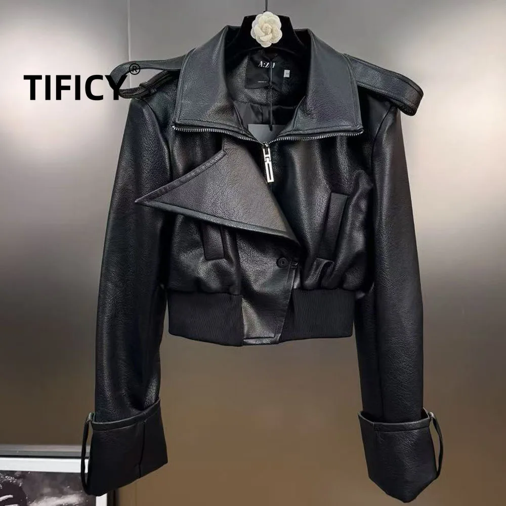 

High Street Jacket Women's Autumn Collar Long Sleeved One Button Zipper Design French High-end Ins Style PU Leather Jacket