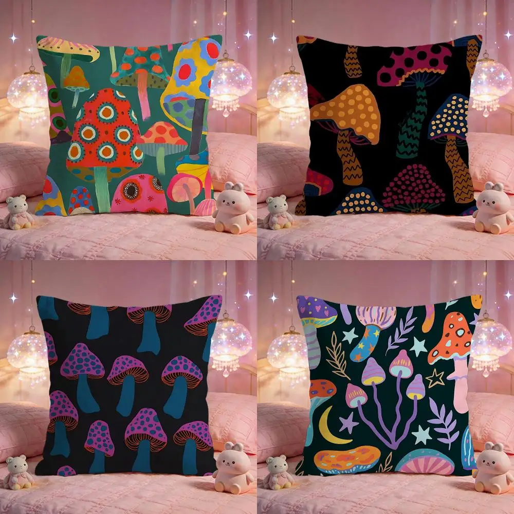 Psychedelic Mushroom Cartoon Print Cushion Cover Premium Comfort Reversible Pillow Cove -Two in One Design for Any Room & Car