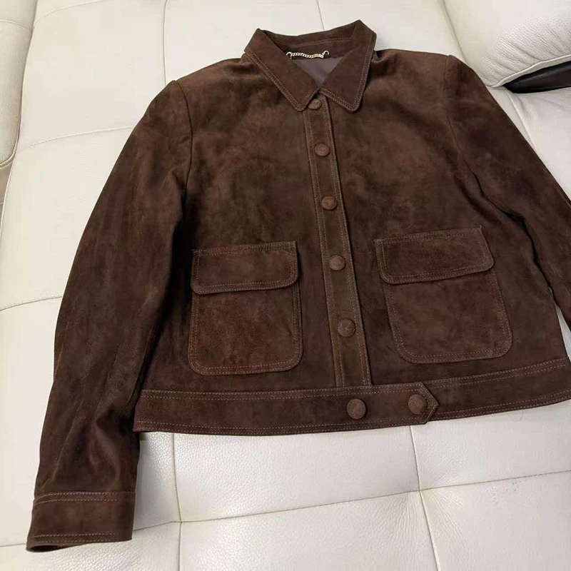 Autumn Outerwear Women’s Kid Suede Leather Jacket Lapel Tooling Wind Single Breasted Casual Long Sleeve Short Silm Leather Coat