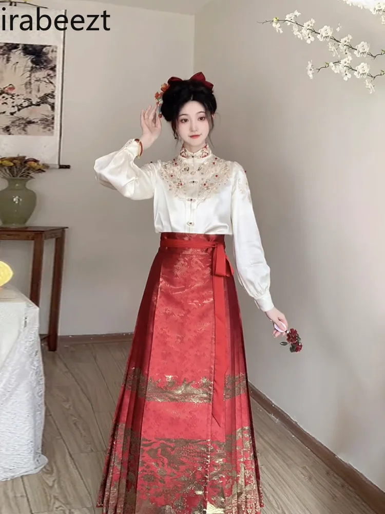 New Vintage Style Ming Dynasty Improved Hanfu Red Toasting Suit Horse Face Skirt Suit Traditional Chinese Clothing for Women