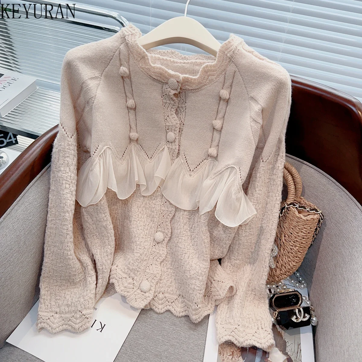 Ruffles Sweater Coat Women Knitted Cardigan Jacket Autumn Winter Fashion Loose Long Sleeve Single-breasted Knitwear Tops Jumpers