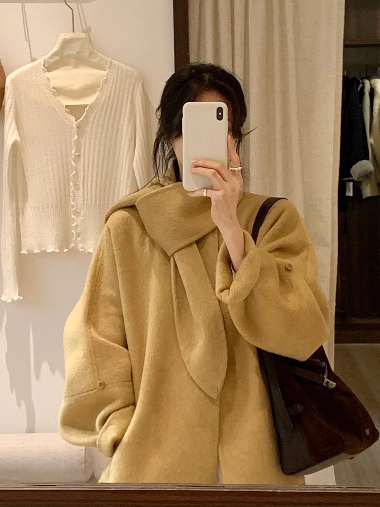 

BRIVIN Yellow Woolen Double-Faced Coat Women's Autumn Winter New Sle Elely Middling Length Coat Long Sve Regular Thi...