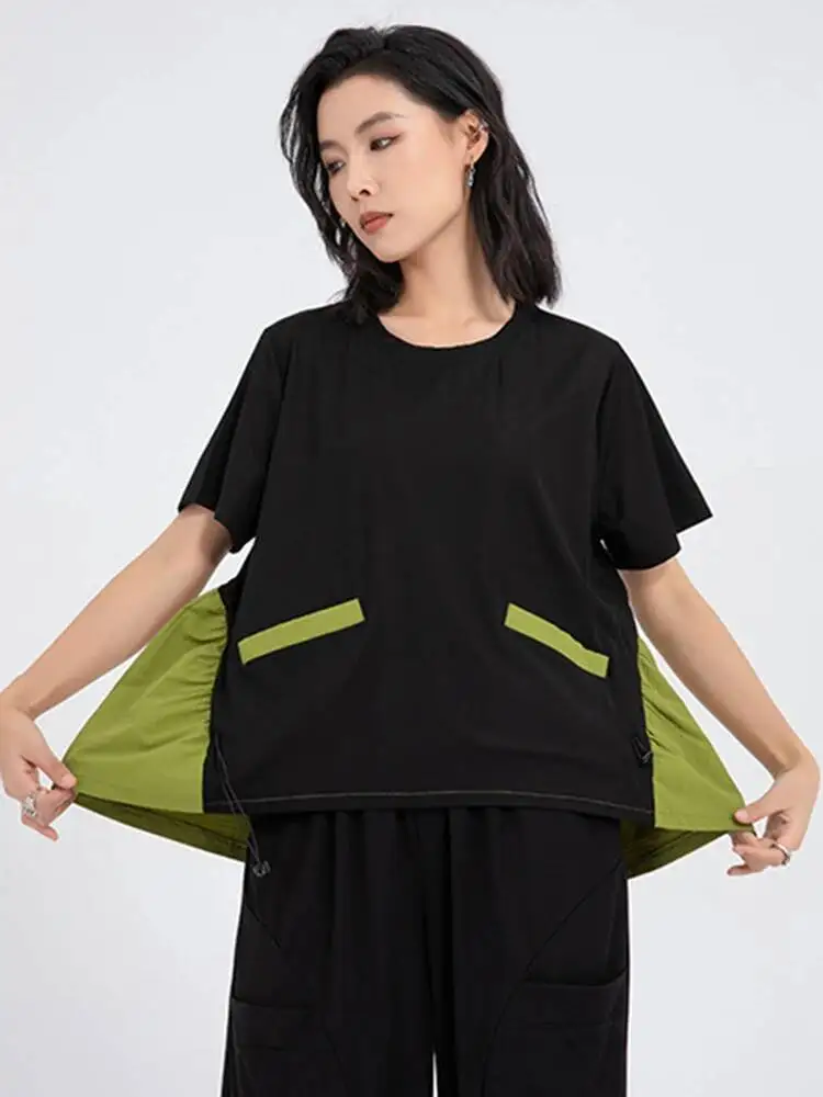 Green Color-block Women Back Long Big Size T-shirt New Round Neck Short Sleeve Fashion Spring Summer 2026 BQ0M