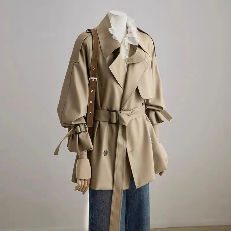 

Women's Chic Stand Collar Belted Trench Coat Long Sleeve Double-breasted Loose Windbreaker Casual Street Jacket for Ladies
