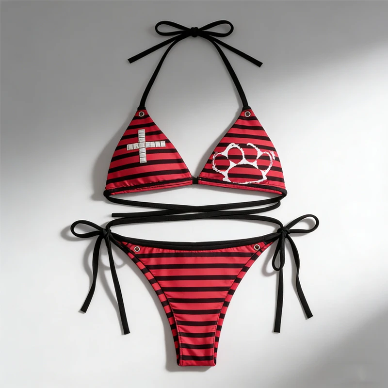 

Striped Cross & Paw Print Bikini Set Women Triangle Halter Top Tie Side Bottoms Summer Y2K Punk Aesthetic Beachwear