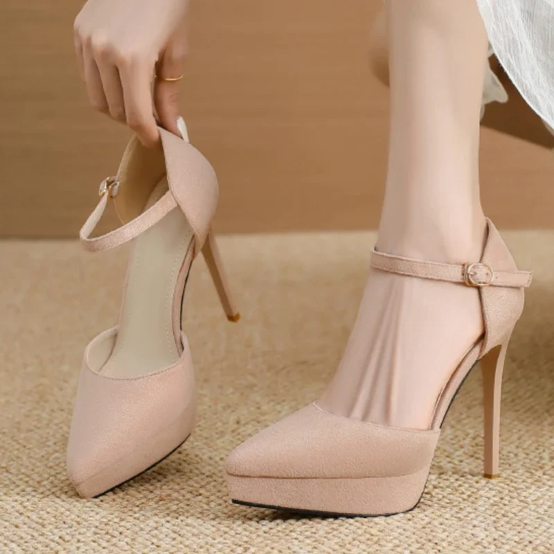New Pointed Toe Platform Women Sandals Flock Buckle Strap Stripper Party Thin High Heel Shoes Sexy Female Pumps Zapatos De Mujer