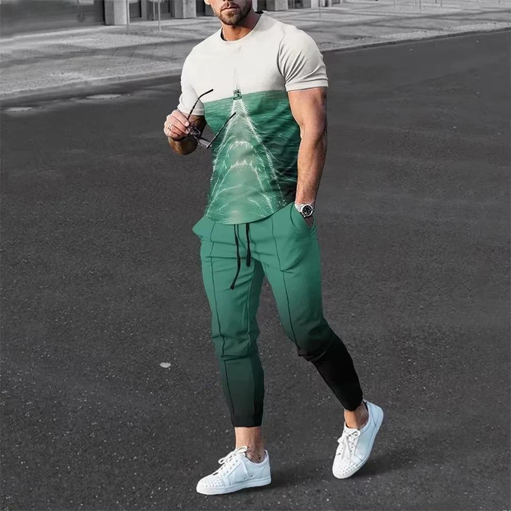 

2-piece set of men's long pants sportswear 3D splicing retro and handsome jogging short sleeved T-shirt+long pants street outfit