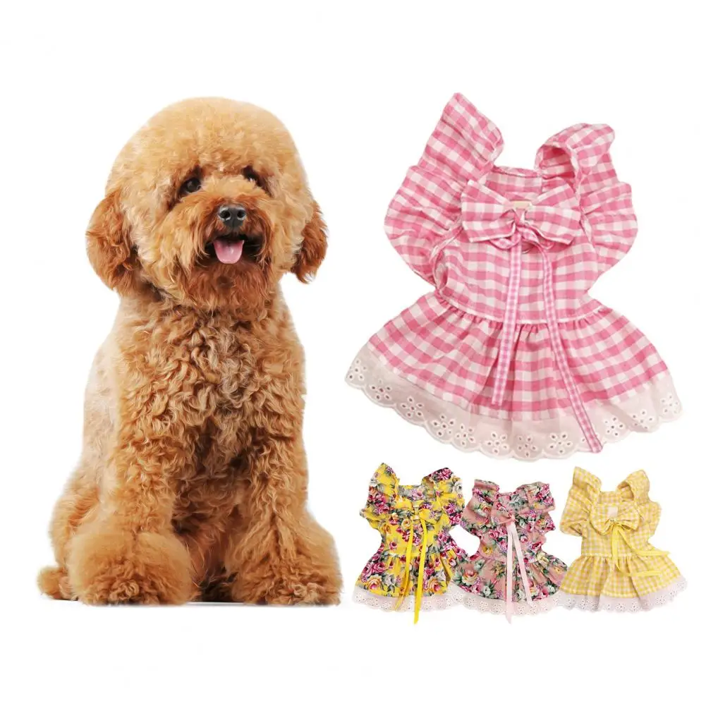 Pet Dress Cotton Comfortable Ruffle Sleeves Flowers Print Dog Princess Dress Pet Bowknot Collar Dog Skirt Decorative