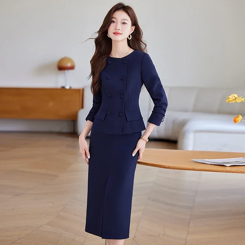 Elegant Suit and Skirt Set: Women\'s 2024 Autumn New Fashion Korean-style Sweet Round Neck Coat Trend Female Lady Two-piece Set