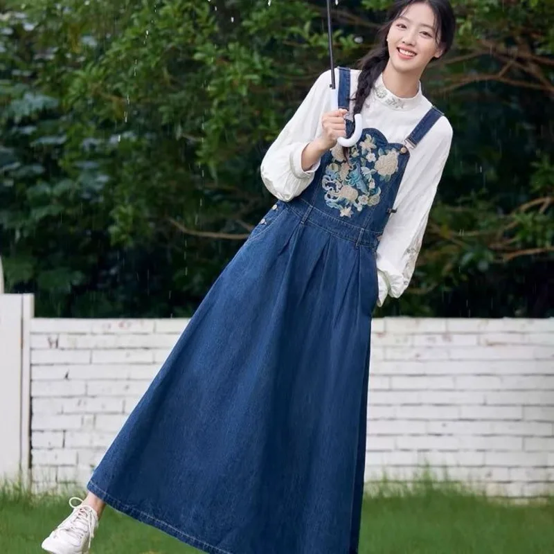 Robe en jean brodée florale de Style National pour femmes, nouvelle robe décontractée sans manches, automne 2025