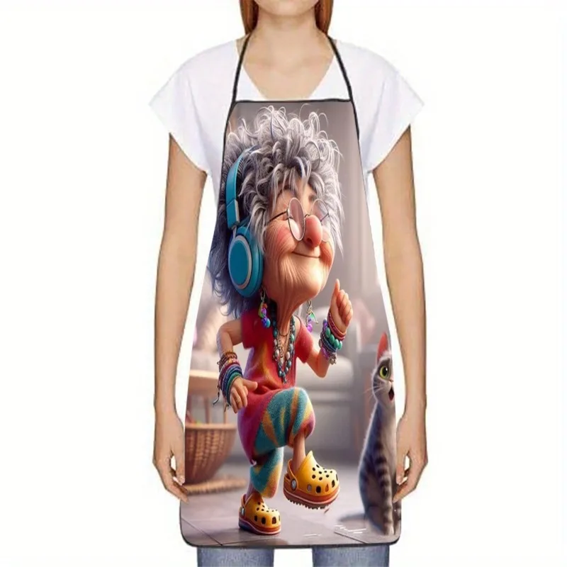 Cool Grandma with Headphones Cartoon Kitchen Apron Funny Old Lady Dancing Design Linen Cooking Bibs Chef Aprons Home Decor Gift