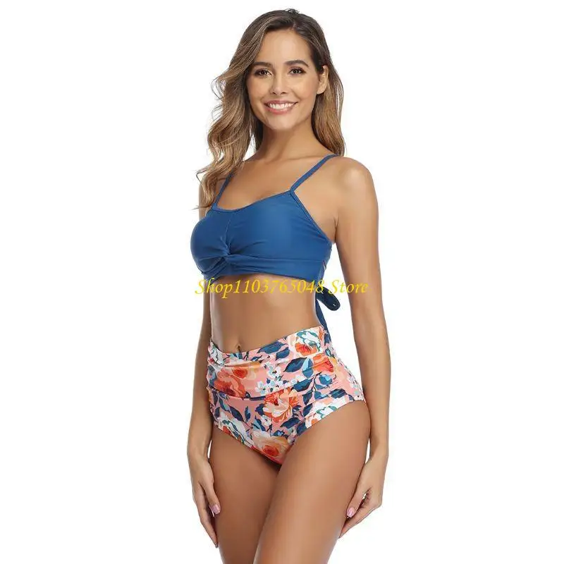R53E Women Sexy 2 Piece Set Twist Front Bra High Waist Floral Bottoms Swimsuit