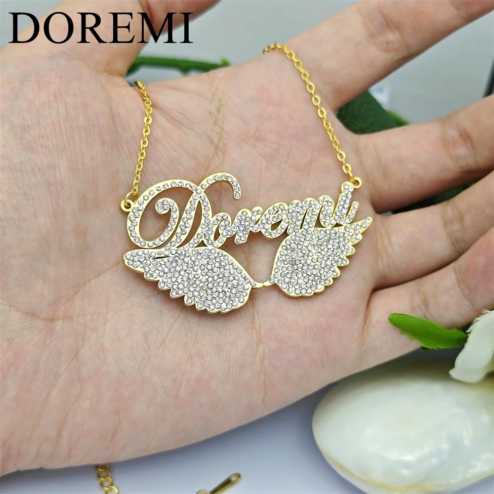 DOREMI Stainless Steel Cursive Crystal Zircon Name Necklace Girls Jewelry Custom Name Necklace Personalized Angel Wings Necklace