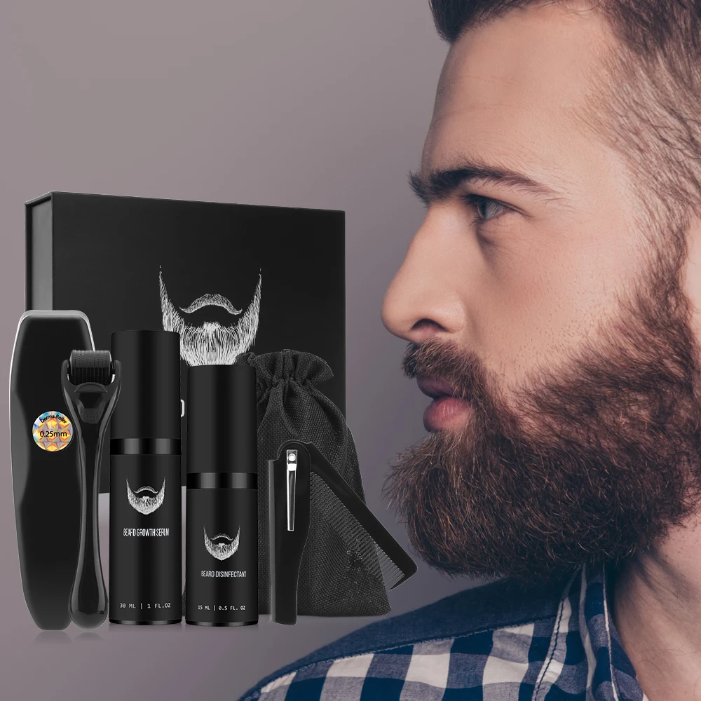 4pcs/set Beard Growth Kit For Men Hair Enhancer Thicker Mustache Grooming Beard Care Oil Moisturizer Wax Balm With Roller Comb