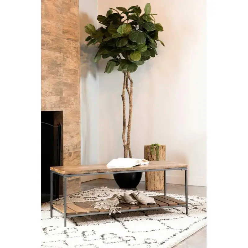 Ławka z naturalnymi akcentami i metalowym wykończeniem - stylowe i funkcjonalne rozwiązanie do siedzenia, idealne do wystroju domu, przedpokoju lub salonu.