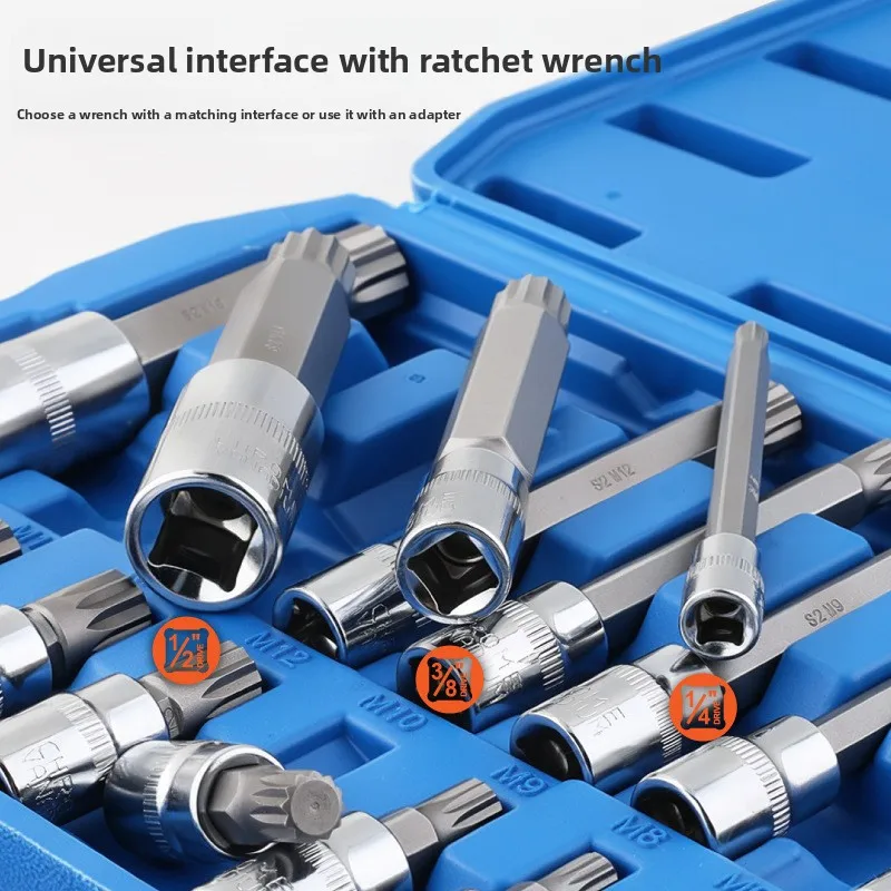 20-Piece M-Type Screw Socket Set, Extended 12-Point Socket Heads for Electric Wrench, S2 Alloy Steel Auto Repair Tool Kit