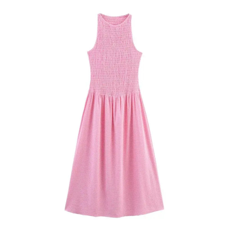 Summer 2025 New Arrival Women's Long Midi Dr round Ne Svel Plaid Design Commute High Waist A-Line Skirt Sle