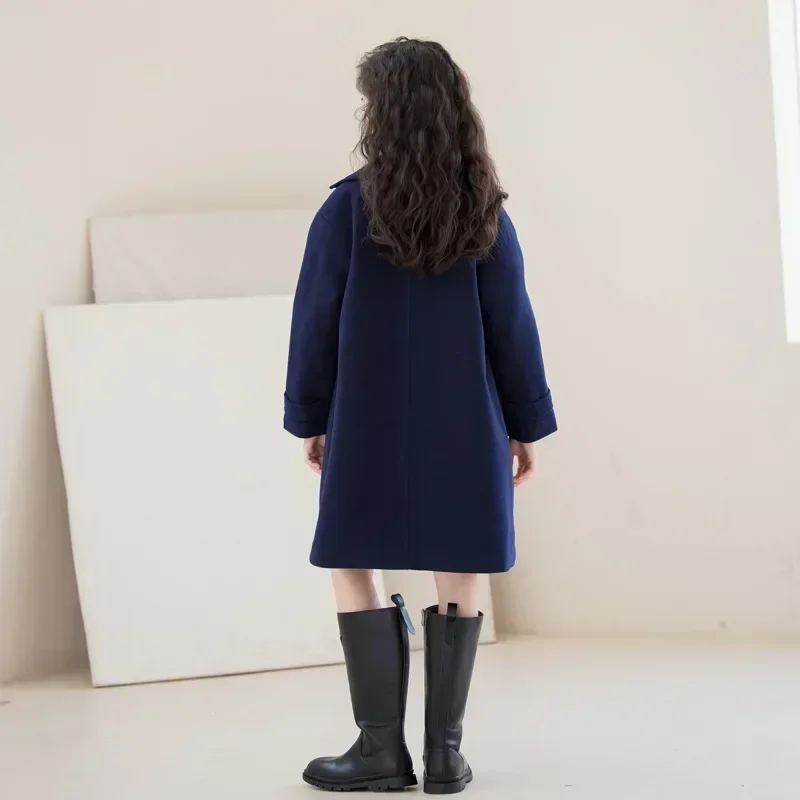 Manteau mi-long en laine de style preppy pour filles, veste d'école pour enfants, vêtements optiques chauds pour adolescents, bleu marine, tout match, décontracté, hiver