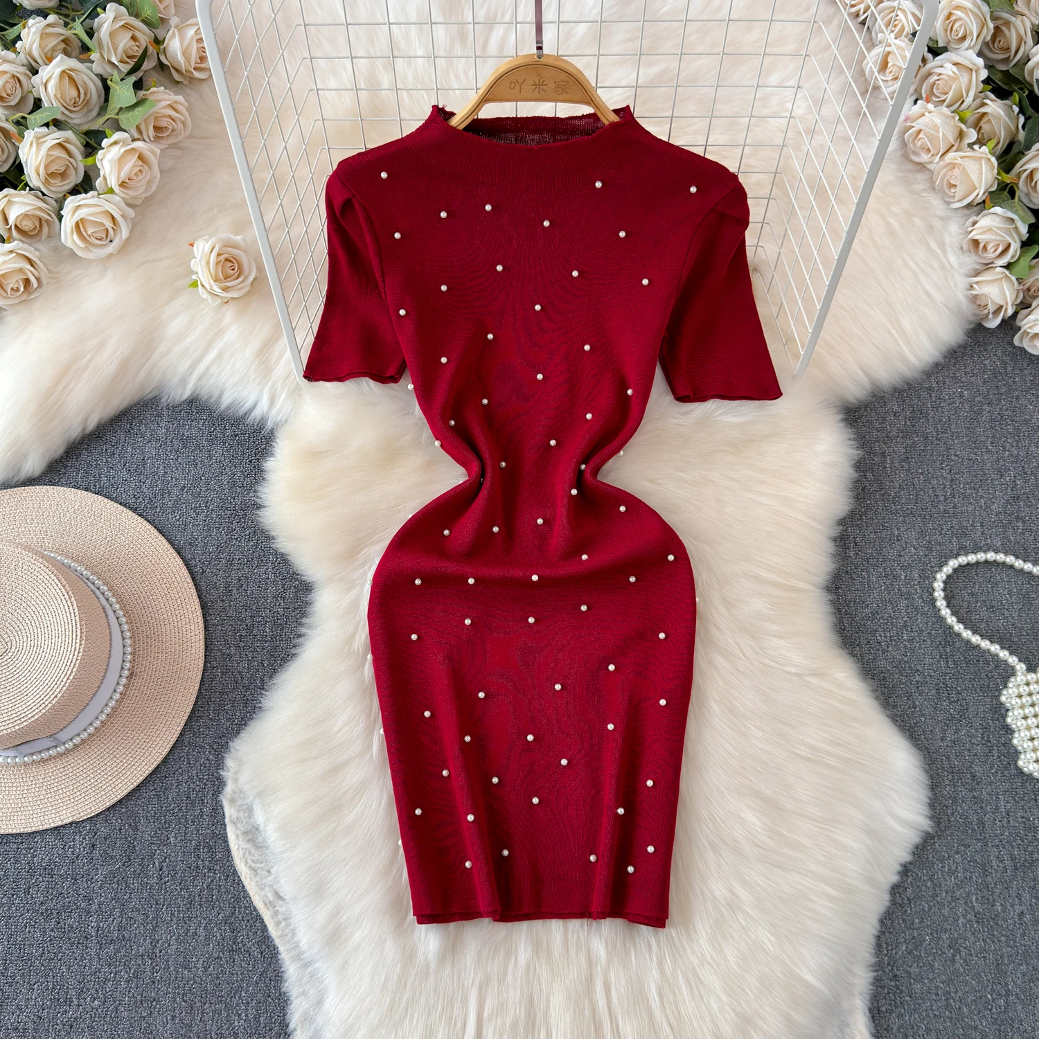 

Summer Knitted dress for women's New Nail Bead Semi High Neck Bodycon Dress Short Sleeved Slim Fit Short Skirt Dress