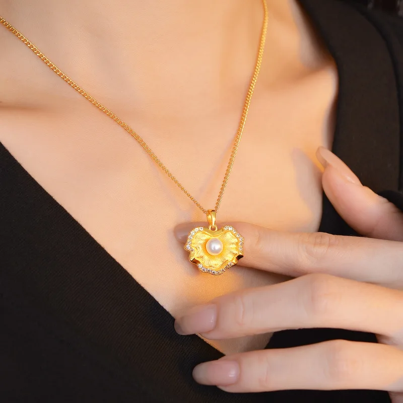 قلادة نسائية على شكل صدفة من اللؤلؤ مرصعة بالألماس وسلسلة الترقوة #4