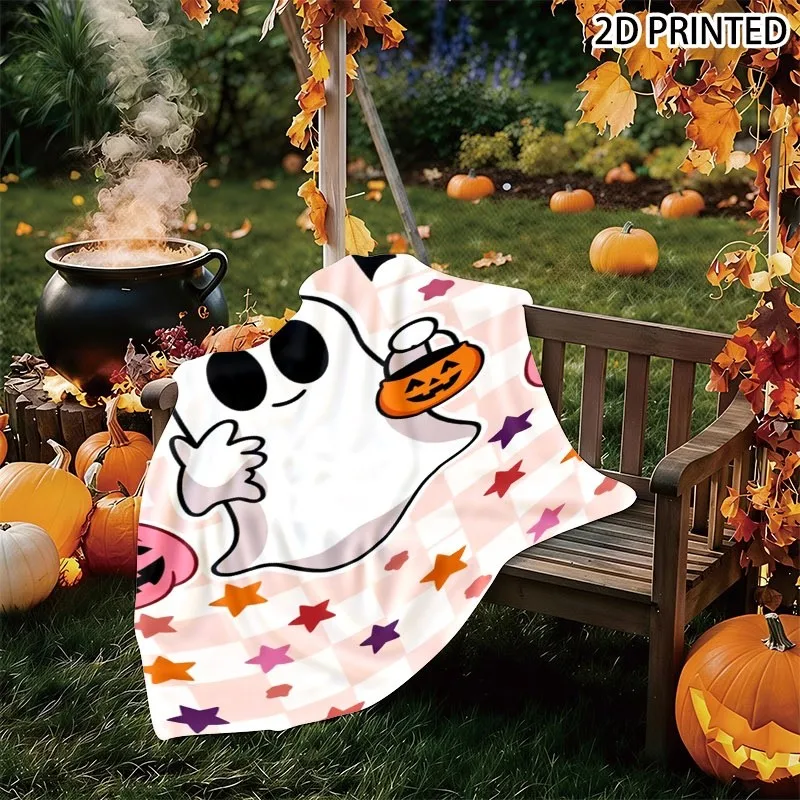 Playful Halloween Cartoon Ghost Print Throw Blanket, Pastel Pink & White Checkered Background with Cute Bats, Stars & Jack-O'-La