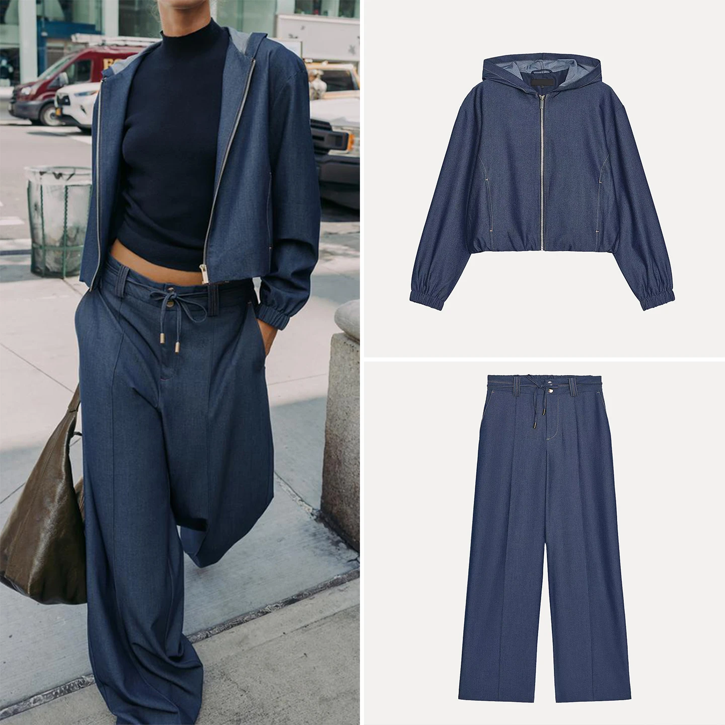 Faionable Hooded Jaet Coat And Wide Leg Pants Set for Women Autumn 2025 Casual Sle High Waist Long Sve Four Seasons