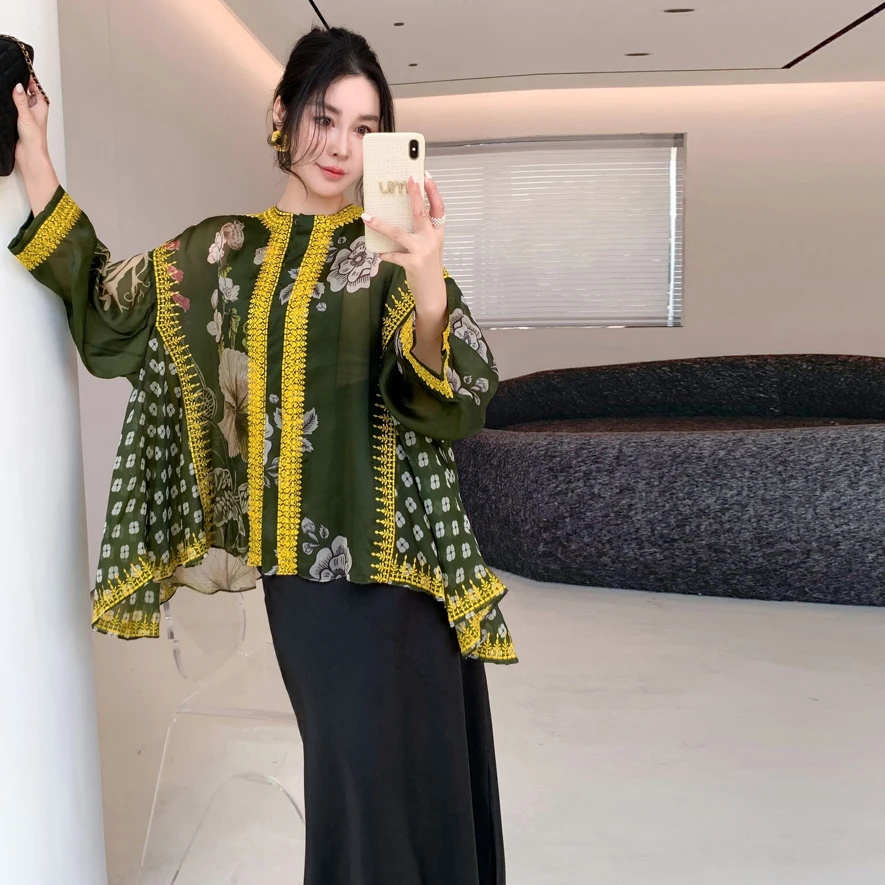 

Изысканная художественная роскошь: Новая женская блузка из шелкового органзы в китайском стиле с цветочной вышивкой и кружевом, премиум-класса