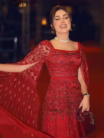 SWEMILE Saudi A-Line Beading Prom Dress Square Collar Long Sleeves Evening Dress Wedding Party vestidos de noche فساتين سهرة