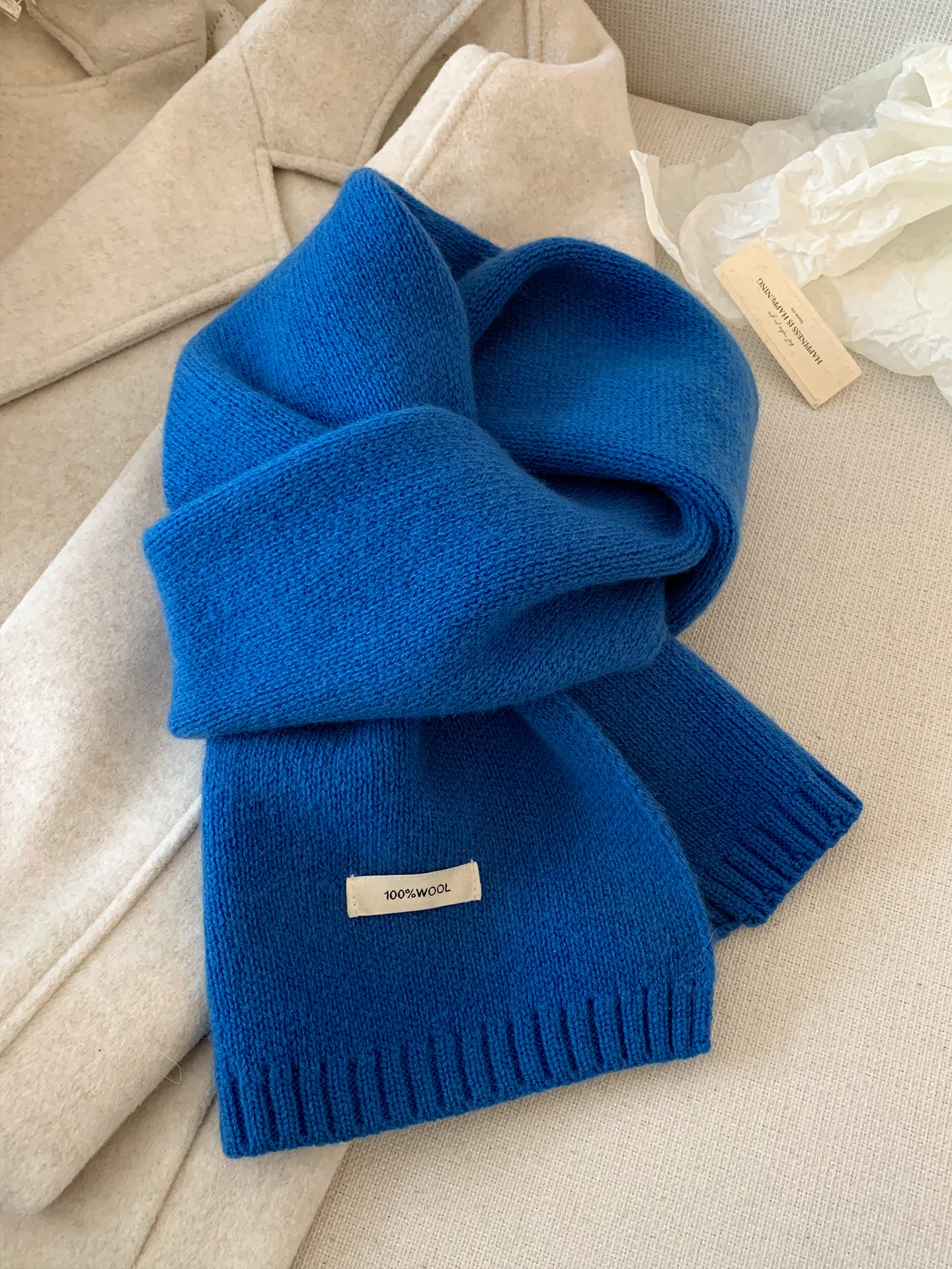 High-End 100% Wool Blue Knitted Scarf Unisex Winter Warm Neck Protection Korean Style Fashionable Scarf for Men And Women