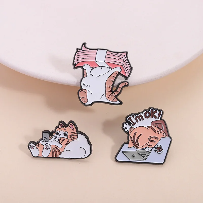Cartoon Funny Cat Enamel Pin Cat On Laptop I'm OK Work Humor Saying Brooches Lapel Backpack Badge Jewelry Gifts ﻿For Friends
