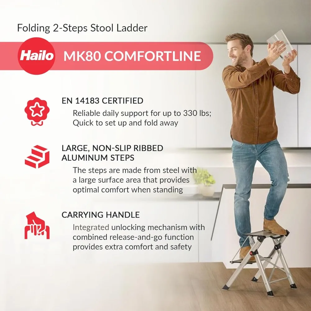 مقعد Hailo MK80 Mini Steel Step Stool - خطوتين كبيرتين مضاد للانزلاق، سعة 330 رطل - زر تحرير أمان، مقبض حمل - سهل Stora #2