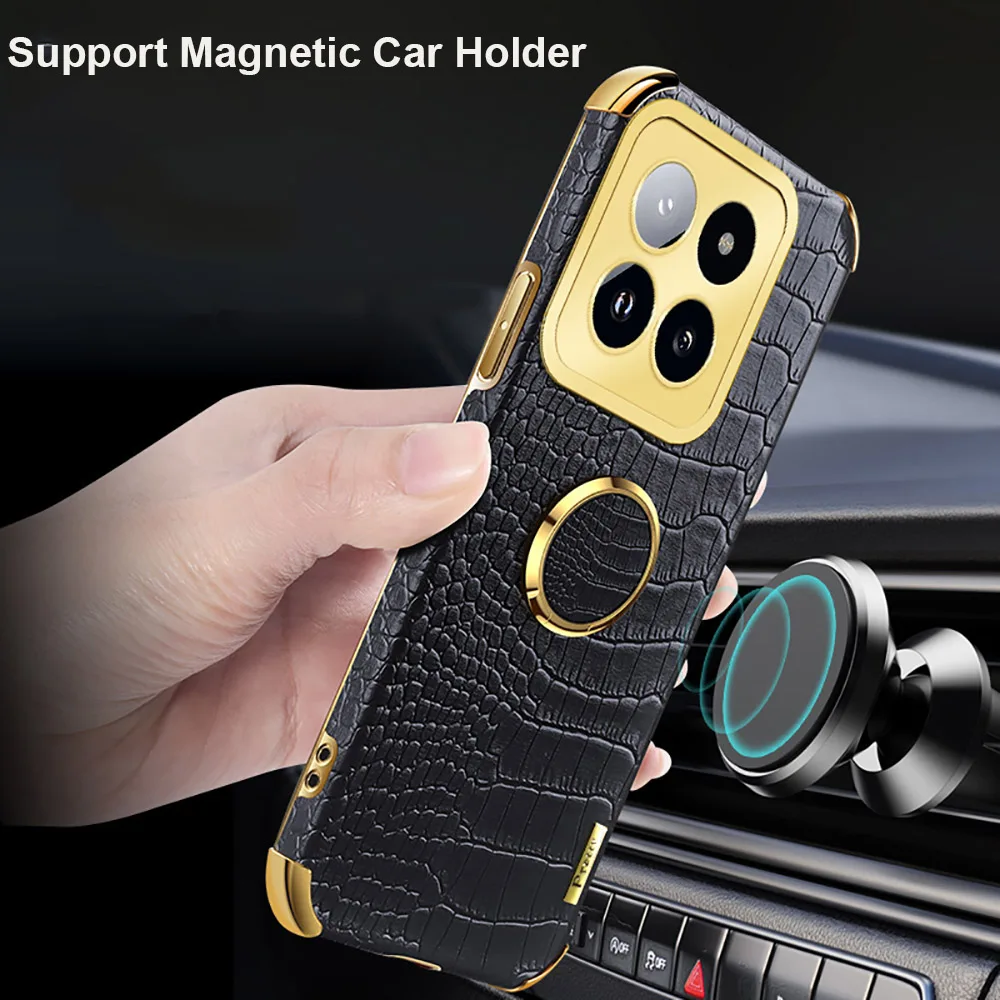 Crocodile Pattern Leather Back Case For Xiaomi 14 Pro Case Magnetic Ring Holder Case For Xiaomi 14 Camera Protector Full Cover