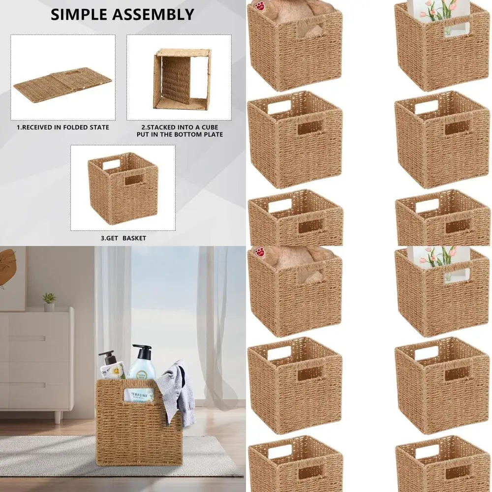 

8.7 Handcrafted Paper Rope Baskets, Foldable Storage Cubes for Shelves, Pantry & Decor